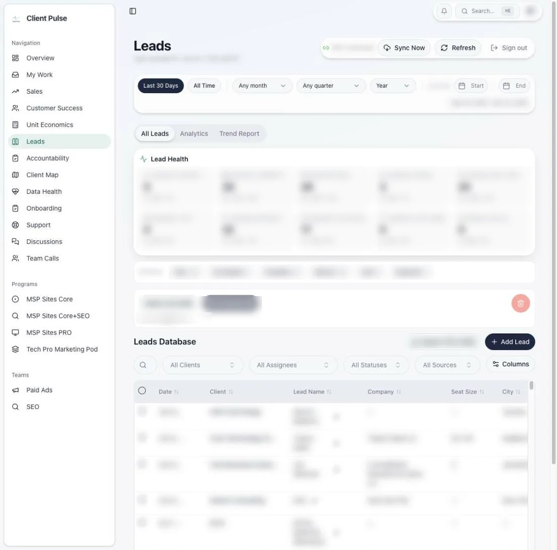 Leads screen with lead health checks, filters and the leads database table, details blurred.